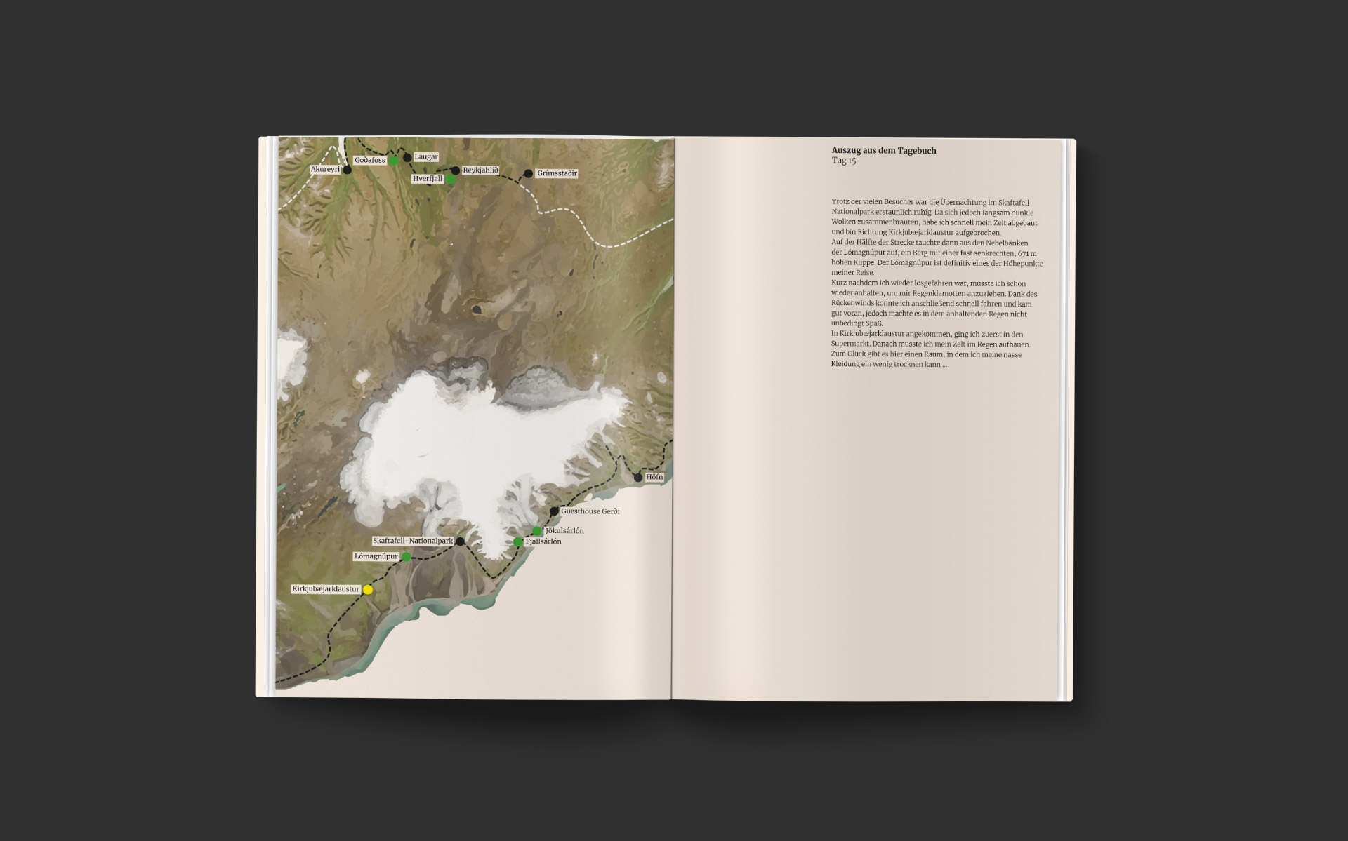 Mockup eines Tagebucheintrags mit Karte von Island